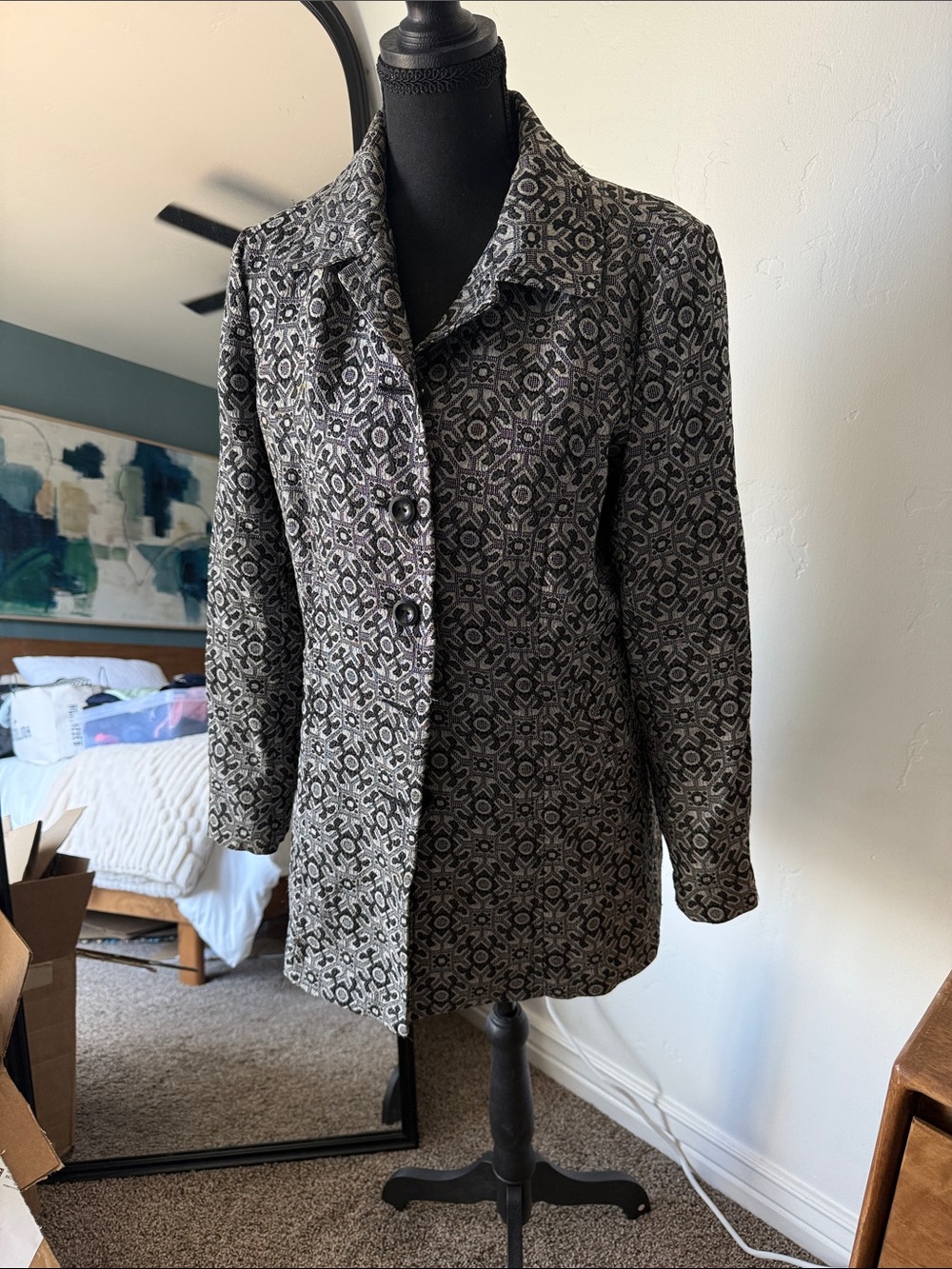 ERIN by Erin Fetherston Black & Gray Patterned Button-Front Pea Coat